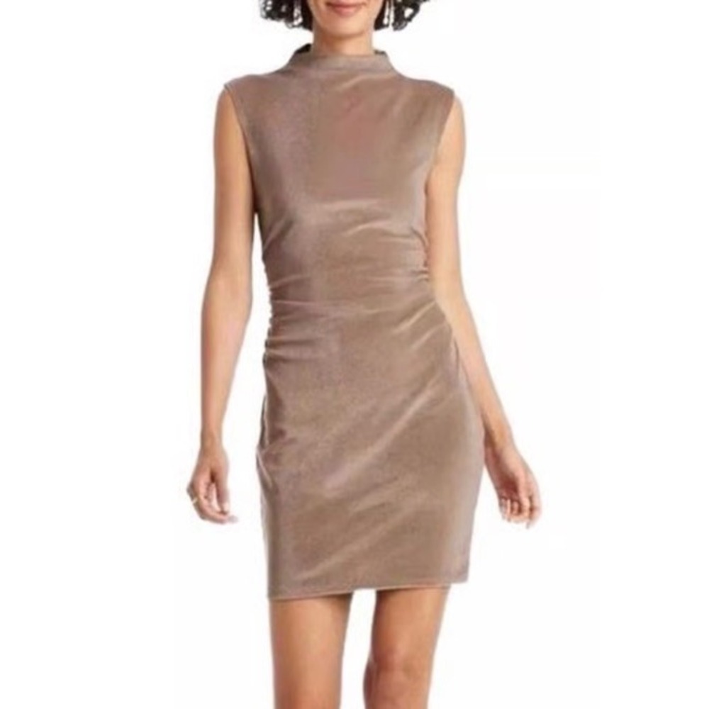 A New Day NWT Sleeveless Mock Neck Velvet Ruched Mini Dress-Taupe/Bronze-Large